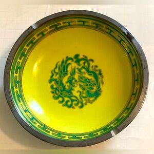VTG Japanese Porcelain Ashtray, dragon and phoenix design.  Encased in pewter